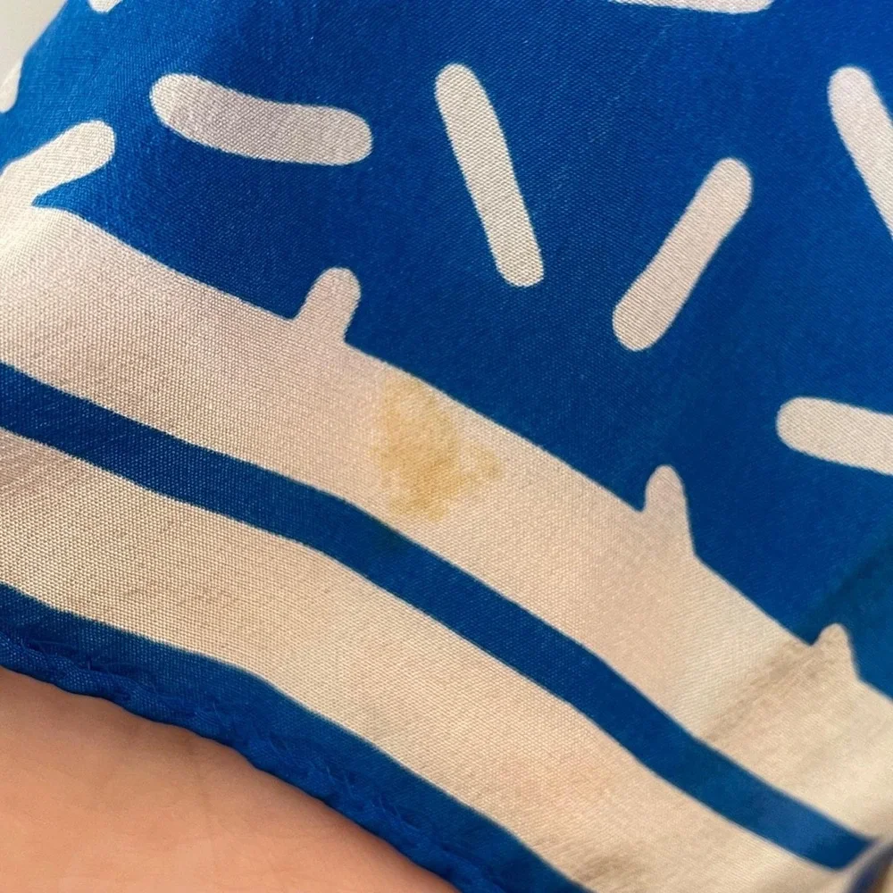 Vintage Albert Nipon Silk Scarf Women Blue White Geometric Dotted Print 80s